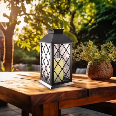 LumaBase Traditional Black Solar Powered Lantern with LED Candle